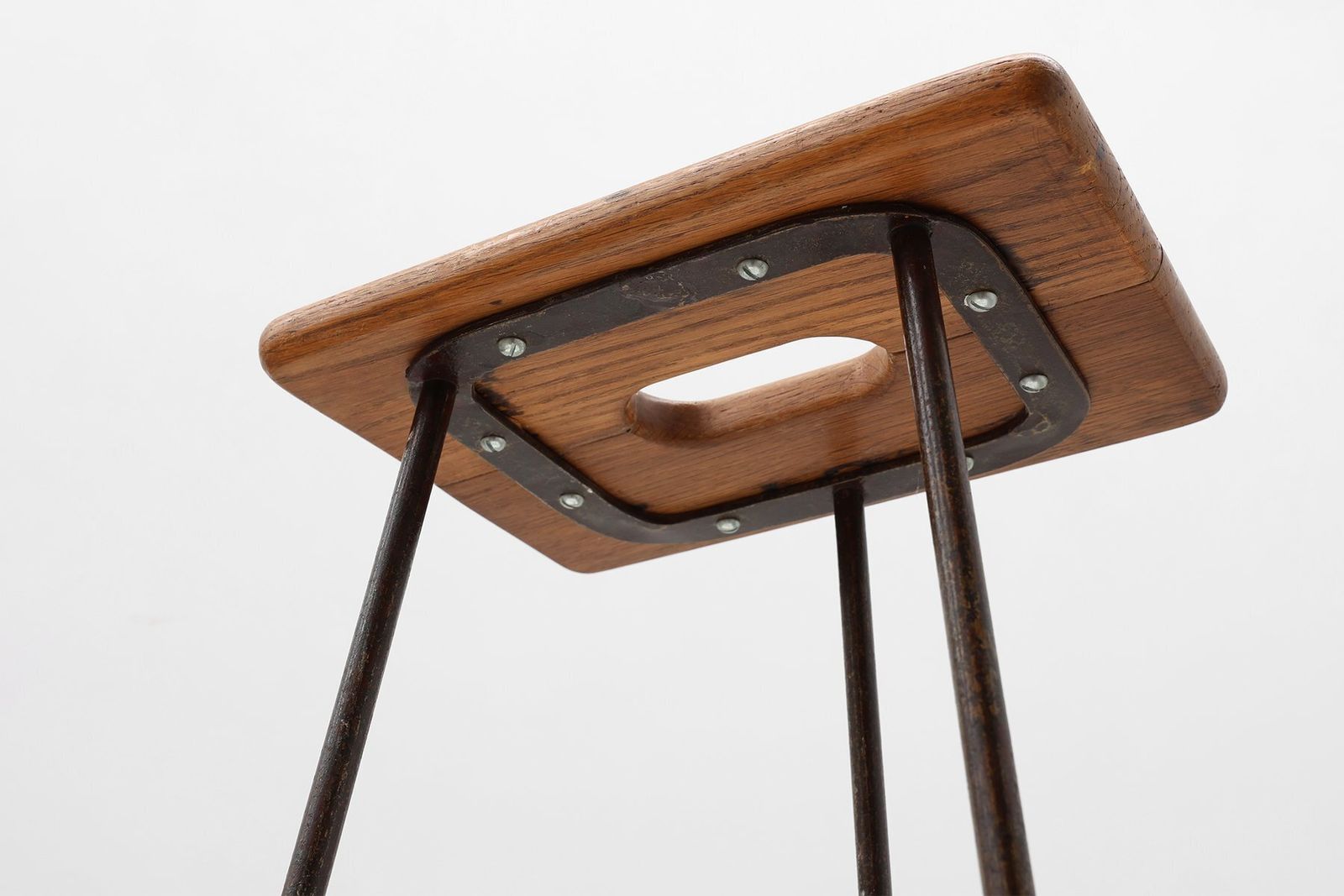 Modernist Industrial Iron And Oak Split Slats Stool, France, 1960s photo buy