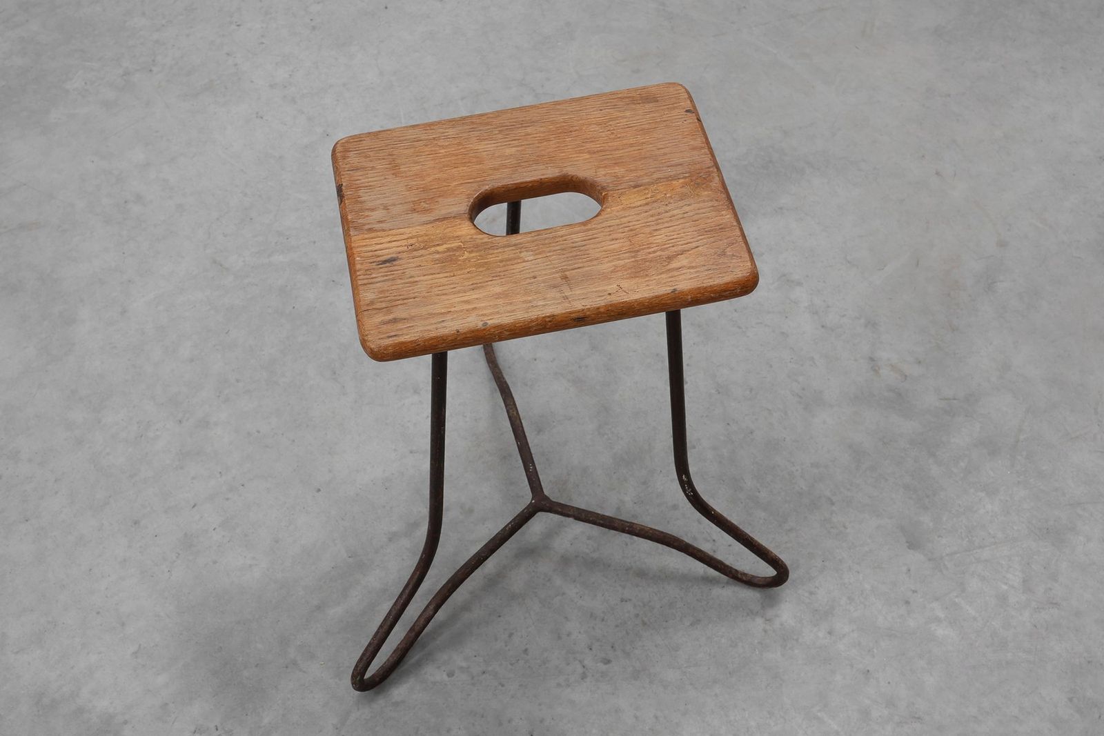 photo for sale Modernist Industrial Iron And Oak Split Slats Stool, France, 1960s