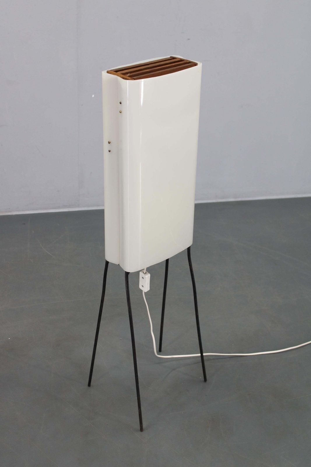 426.0 Mid Century Modern Floor Lamp On Iron Legs With Plastic Shade And Wood Accent photo