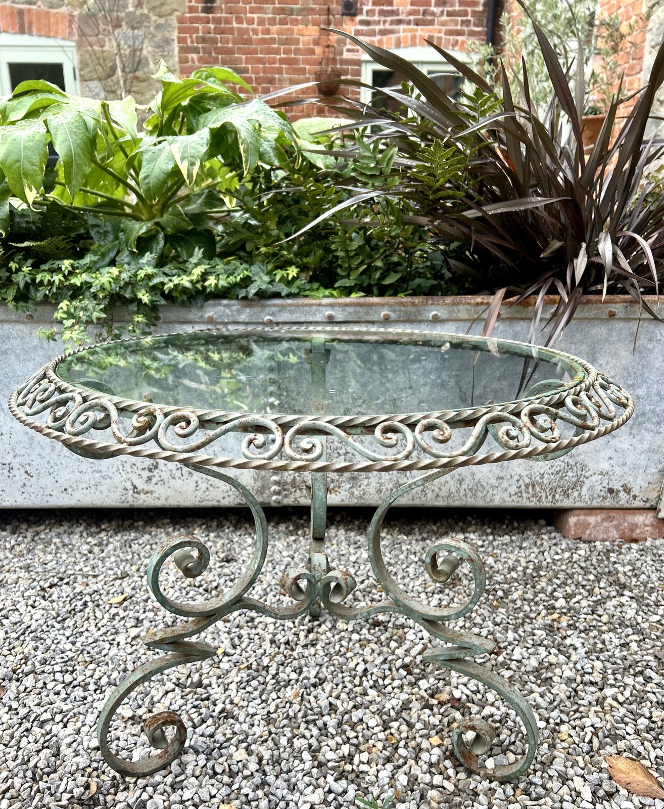 19th Century French Ornate Garden Side Table With Wrought Iron Base