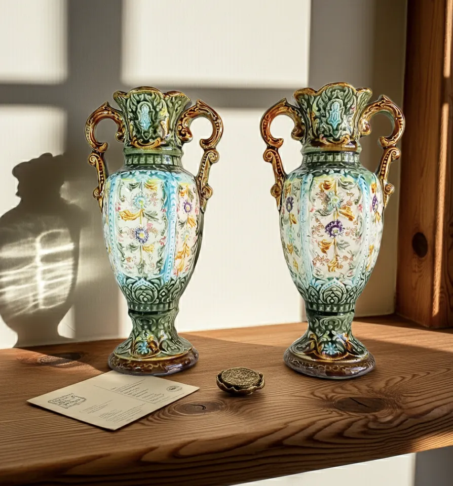 Art Nouveau Majolica Twin Handled Vases – Edwardian Staffordshire, Pair