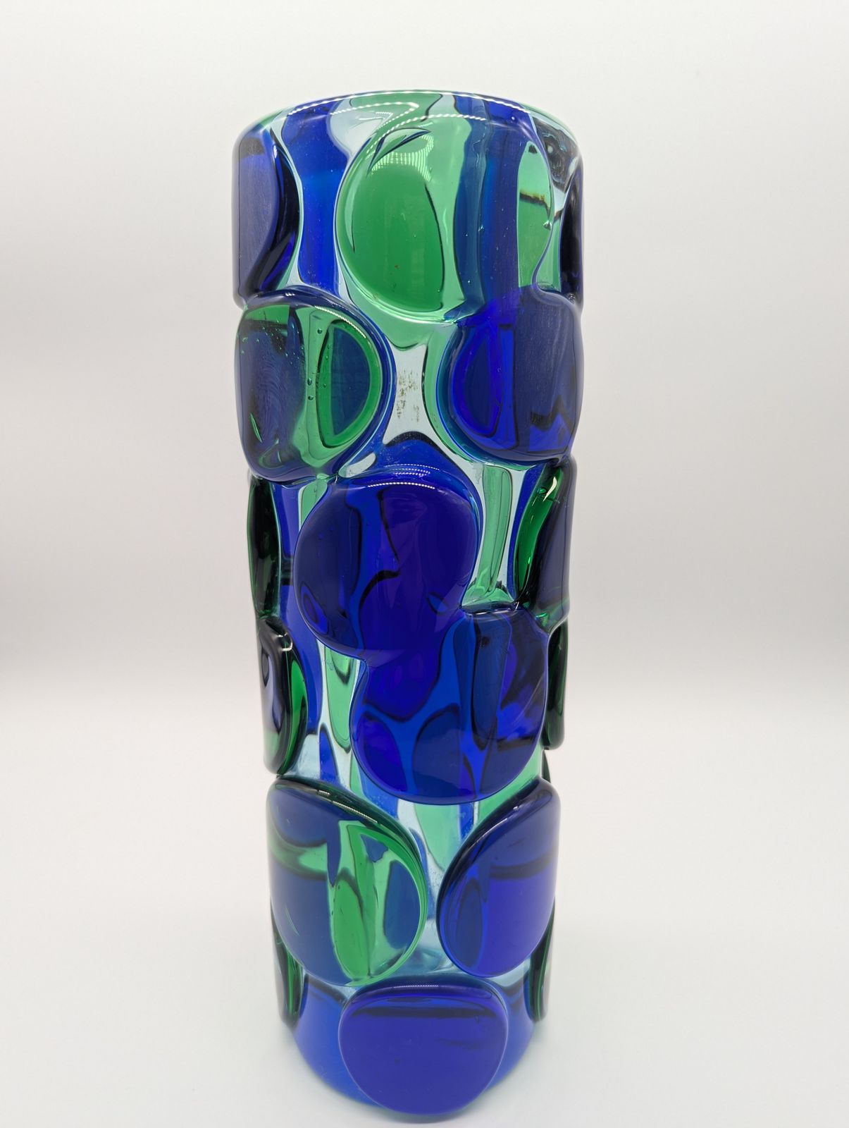Skrdlovice Art Glass Vase By Jaroslav Svoboda, C.1970 – Blue & Green Applied Roundels (31.5 Cm) photo Home Decor