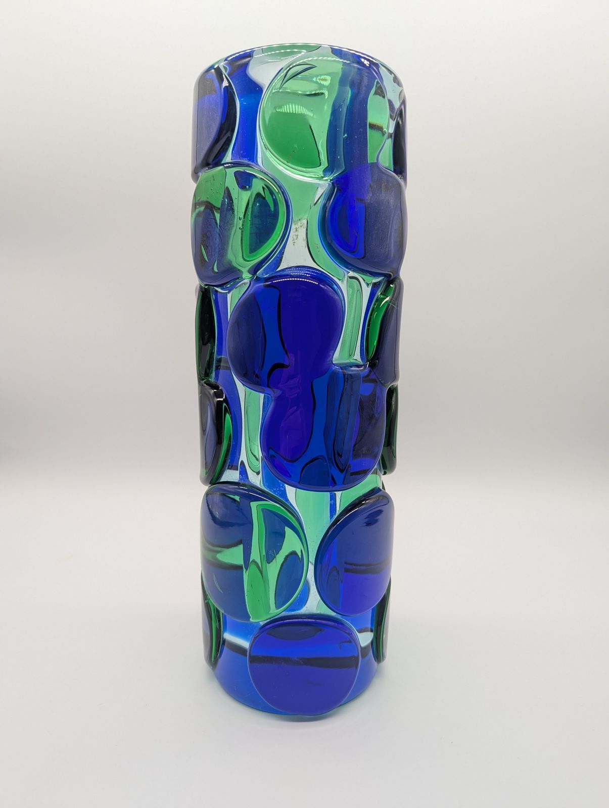 Skrdlovice Art Glass Vase By Jaroslav Svoboda, C.1970 – Blue & Green Applied Roundels (31.5 Cm)