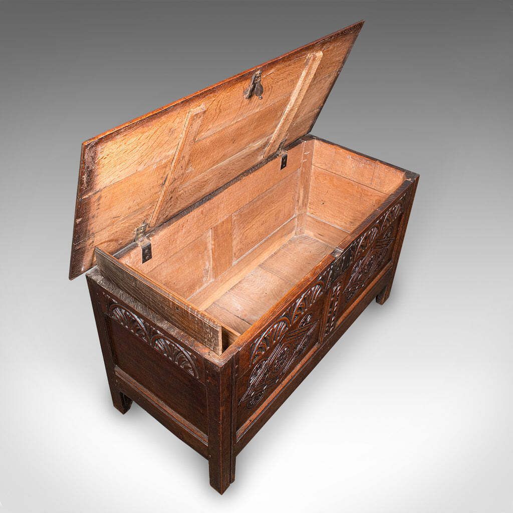 Large Antique Carved Coffer, English Oak, Blanket Chest, William III, Circa 1700 photo vintage