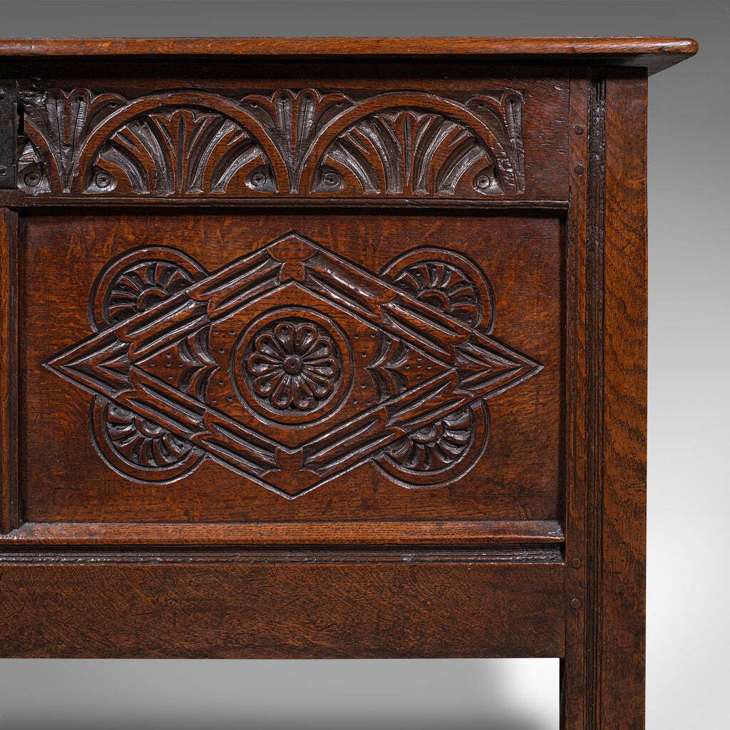 Furniture Large Antique Carved Coffer, English Oak, Blanket Chest, William III, Circa 1700 photo