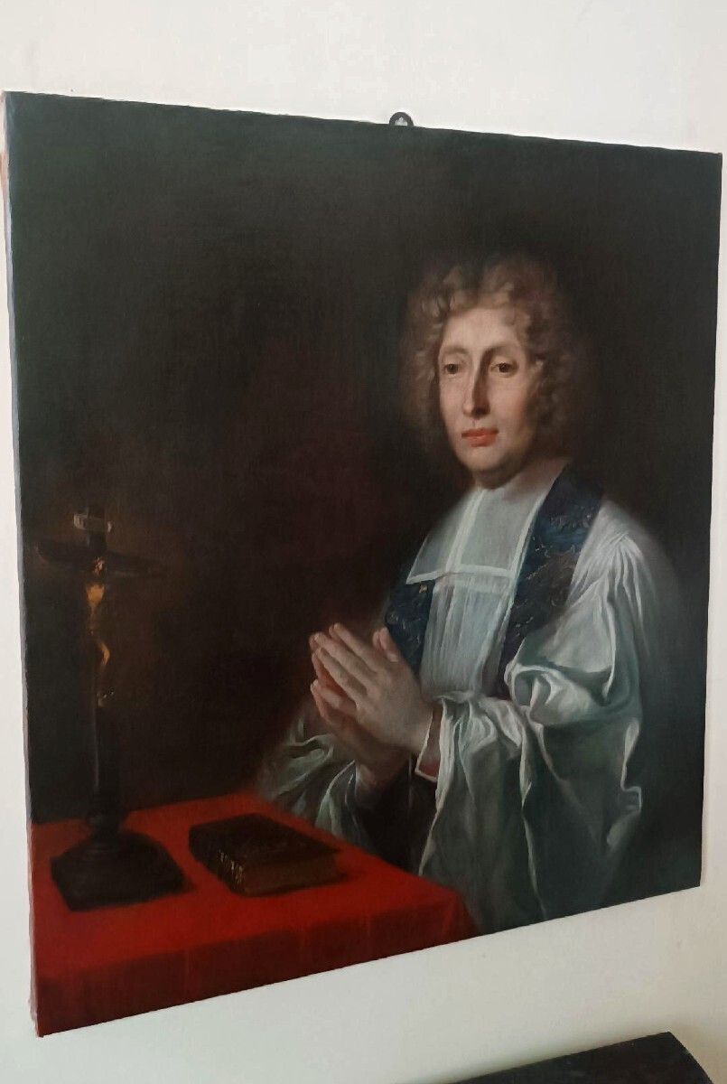 Antique Painting On Canvas Depicting The Portrait Of A Prelate, French School, 18th Century photo furniture