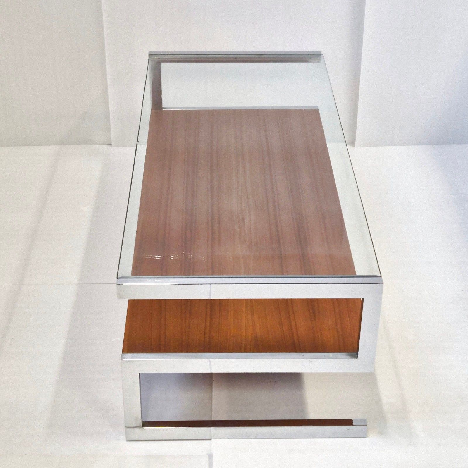 photo furniture Table Basse Vintage 1960 En Acier Chrome Placage Teck Verre 60s Dlg Belgo Chrom