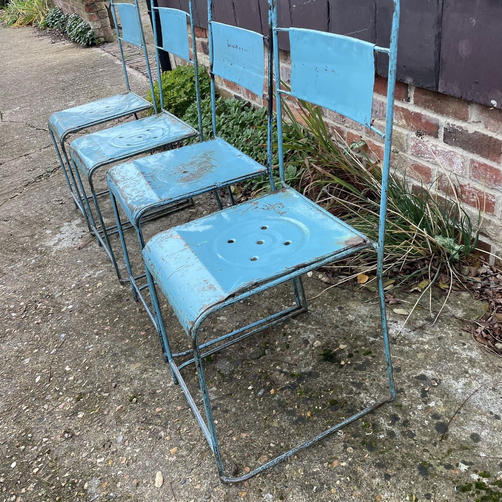 4 X Vintage Indonesian Blue Metal Industrial Stackable Chairs Unique Set Of 4 photo furniture
