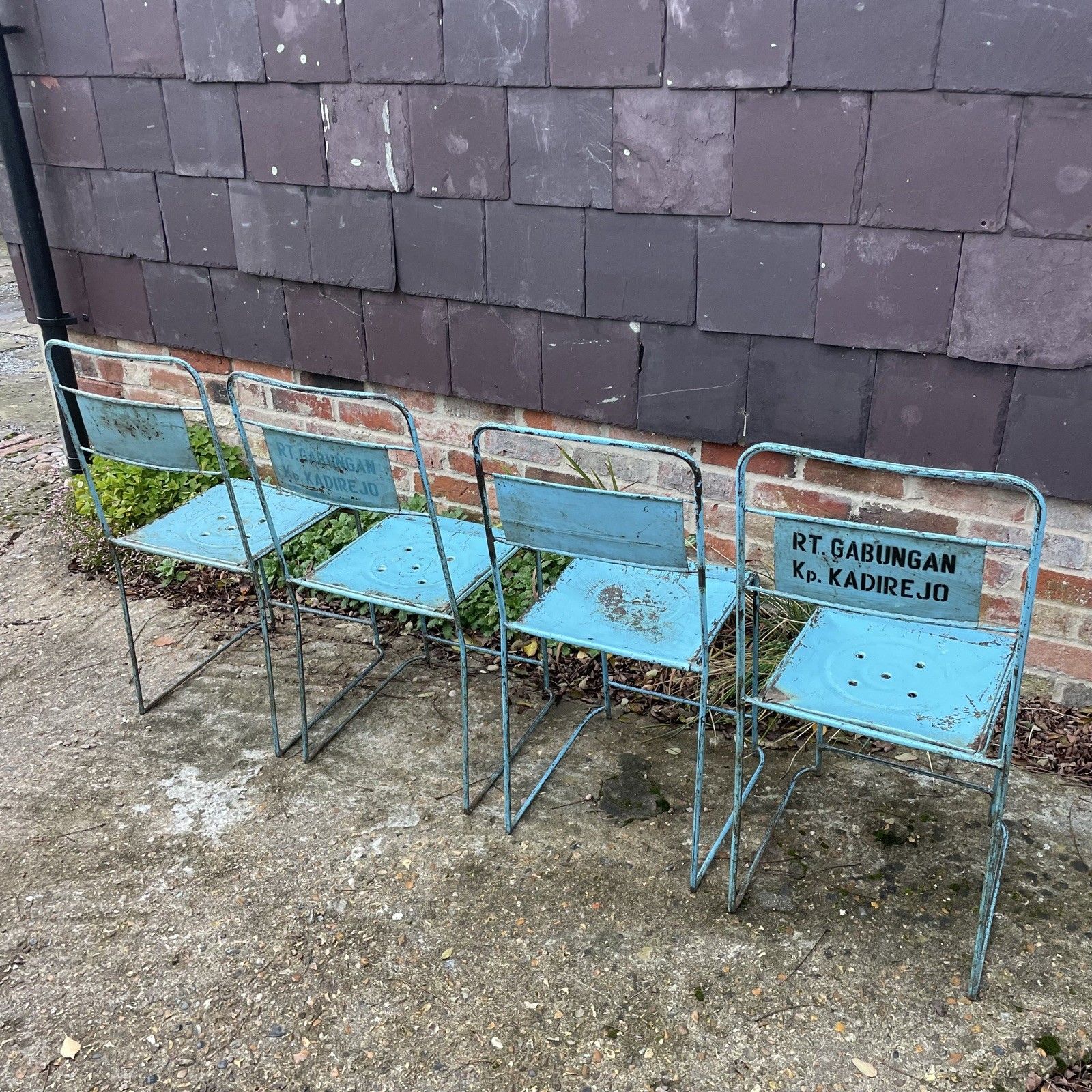 photo buy 4 X Vintage Indonesian Blue Metal Industrial Stackable Chairs Unique Set Of 4