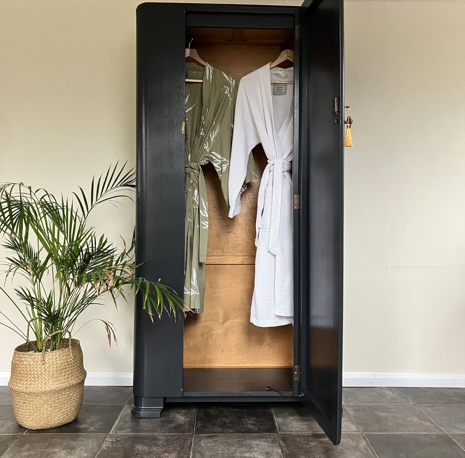 photo for sale Painted 1940's Mid Century Lebus Bedside And Wardrobe Set With Cws Chest Of Drawers; Farrow And Ball Off Black