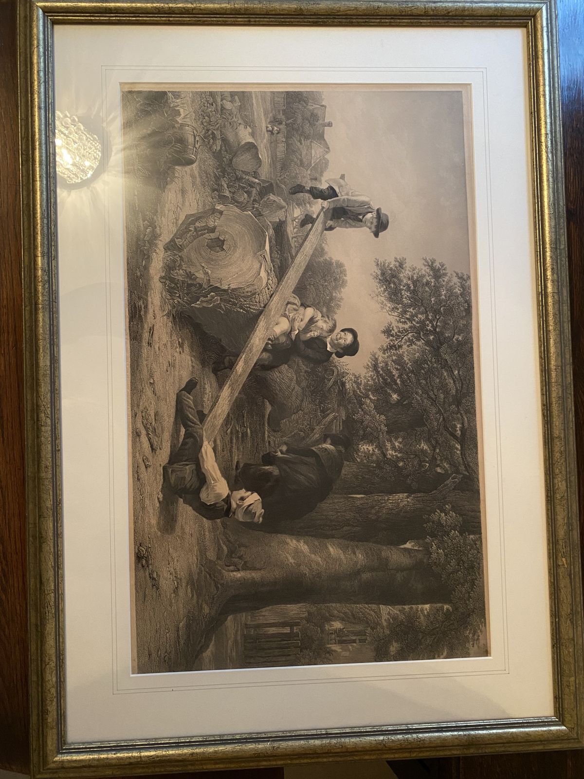 C1860 Steel Engraving. Framed Print Of Children On A Makeshift Seesaw. Nice Picture photo furniture