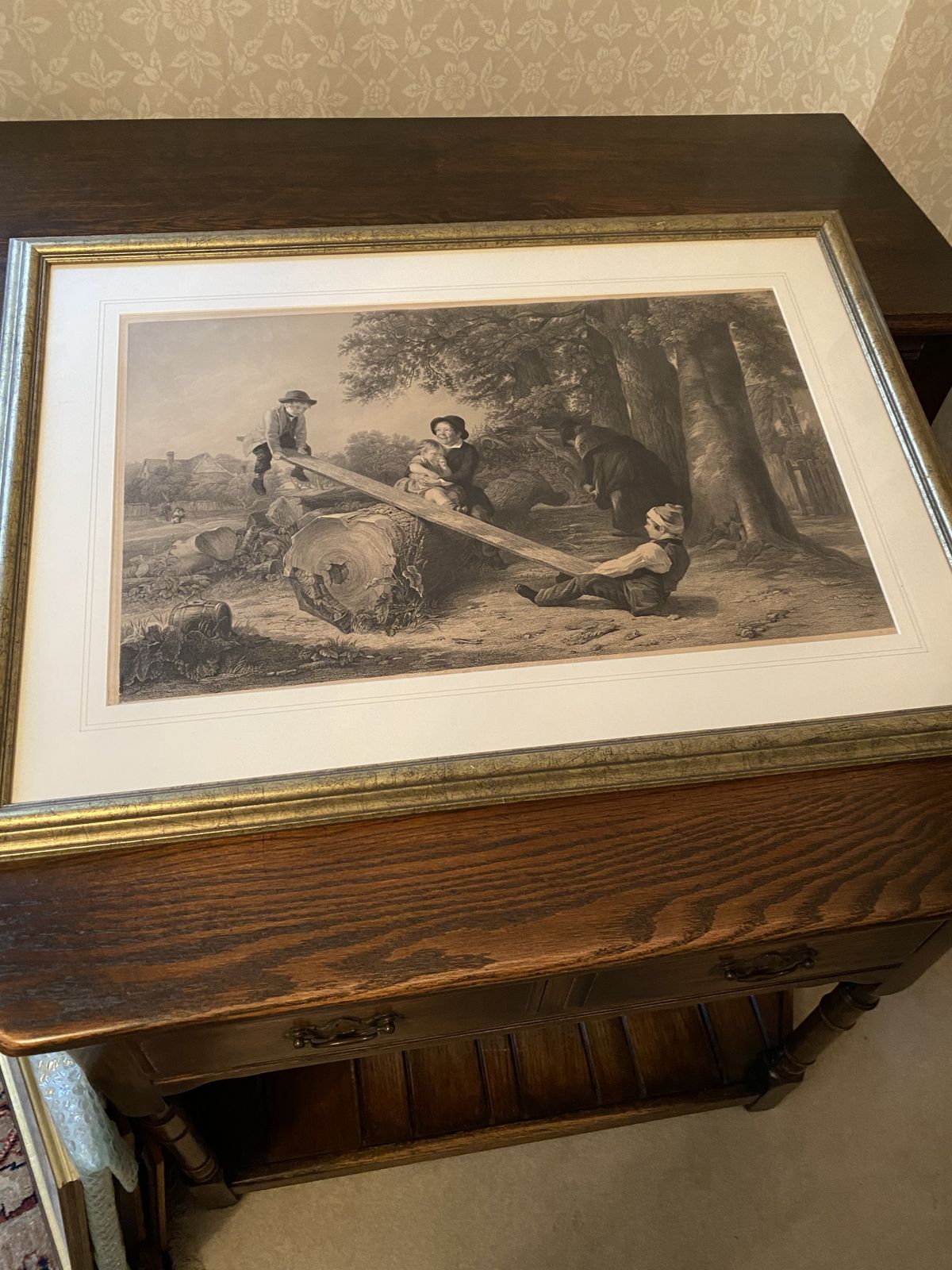 C1860 Steel Engraving. Framed Print Of Children On A Makeshift Seesaw. Nice Picture photo for sale