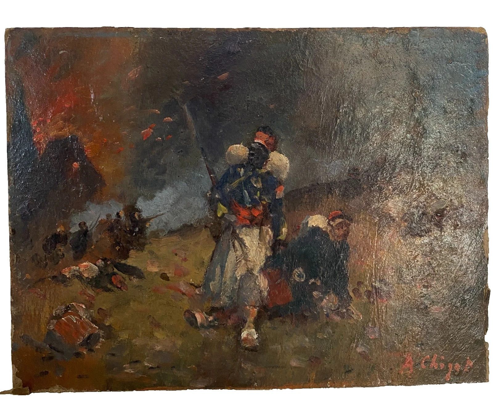 "Alphonse Chigot The Battlefield" Oil On Isorel 19th Century photo furniture