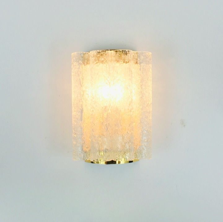 Pair Of Mid Century Ice Glass & Brass Wall Lights From Doria, Germany, 1960s photo vinterior