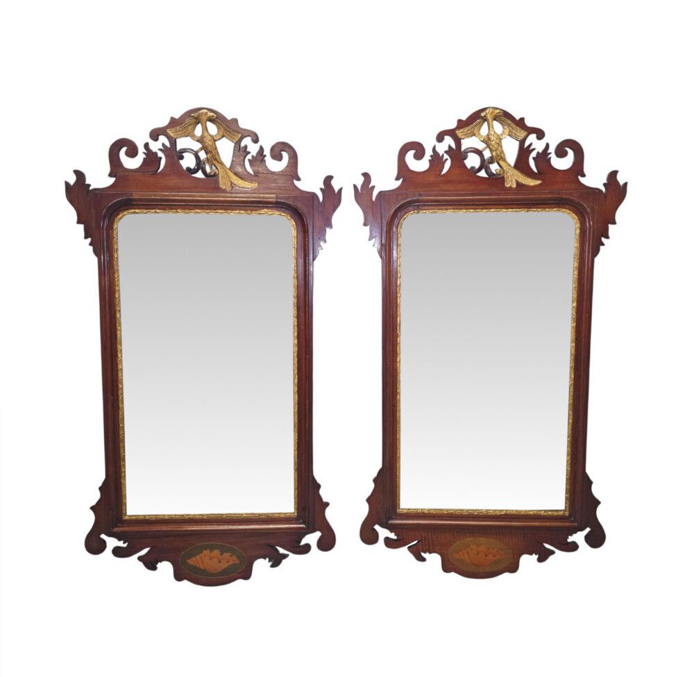 A Fabulous Pair Of Early 20th Century Parcel Gilt Pier Mirrors With Ho Ho Bird Detail In The Georgian Chippendale Manner
