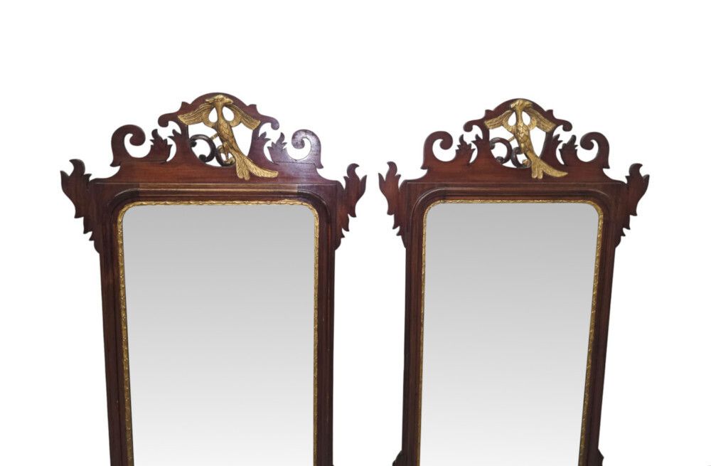 A Fabulous Pair Of Early 20th Century Parcel Gilt Pier Mirrors With Ho Ho Bird Detail In The Georgian Chippendale Manner photo for sale