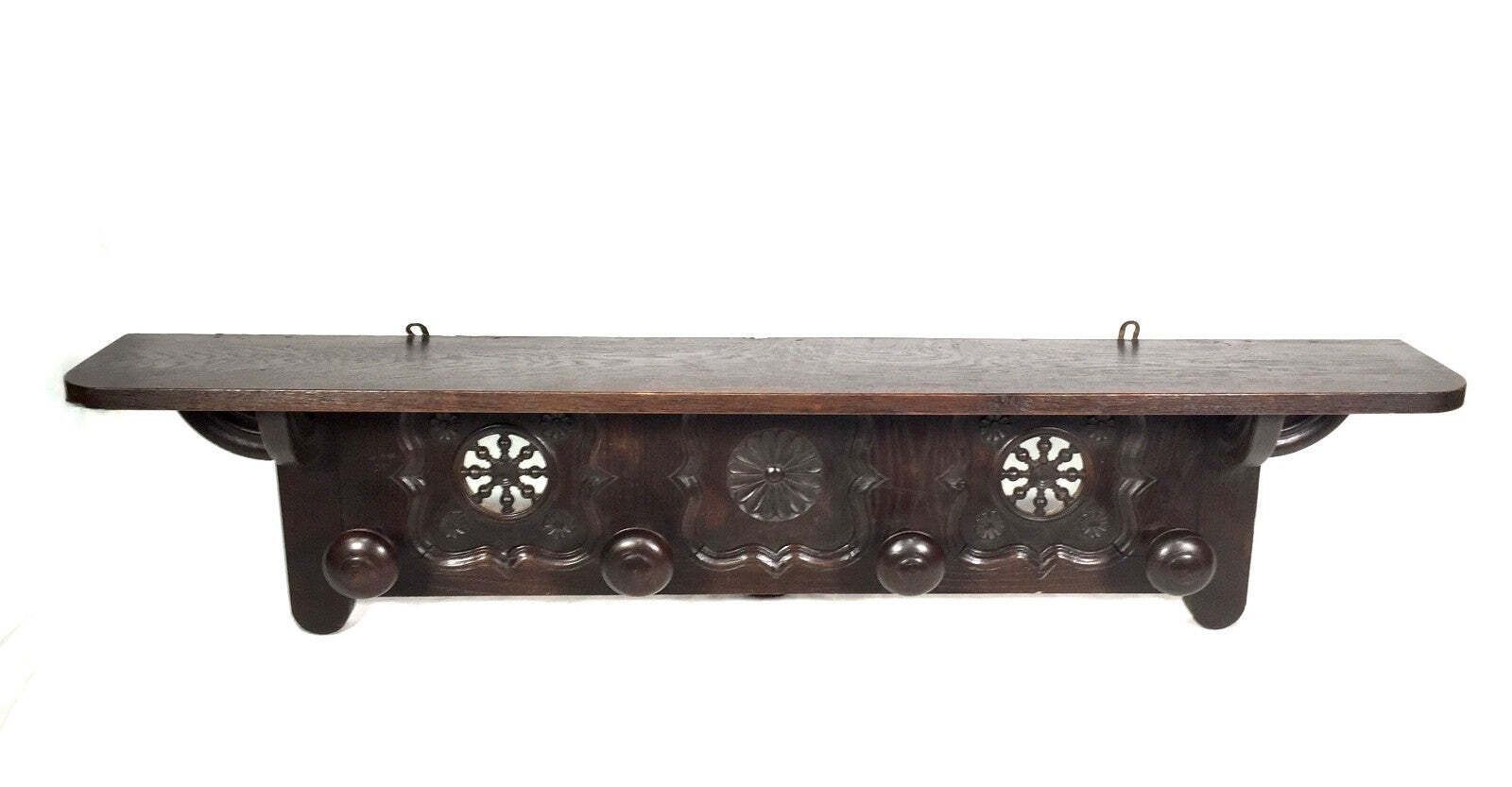 Antique Wooden Carved Entrance Hall Wall Hanging Coat Rack & Shelf Scarfs & Hat photo vinterior