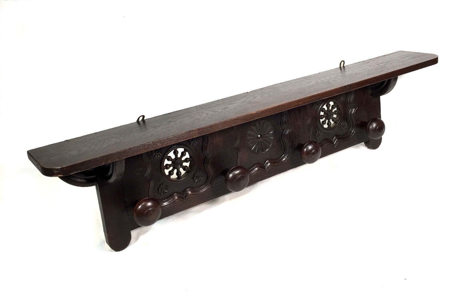 photo for sale Antique Wooden Carved Entrance Hall Wall Hanging Coat Rack & Shelf Scarfs & Hat