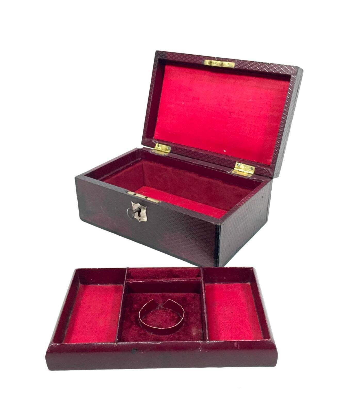 Antique Edwardian Leather Jewellery / Trinket Box With Key & Working Lock C.1910