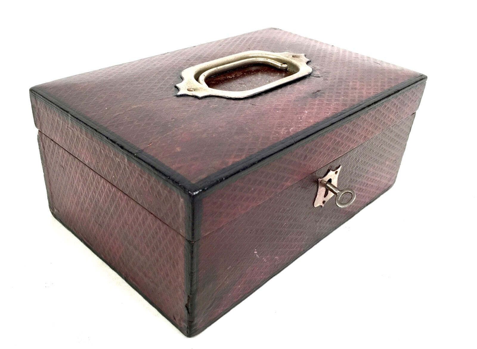 Antique Edwardian Leather Jewellery / Trinket Box With Key & Working Lock C.1910 photo furniture