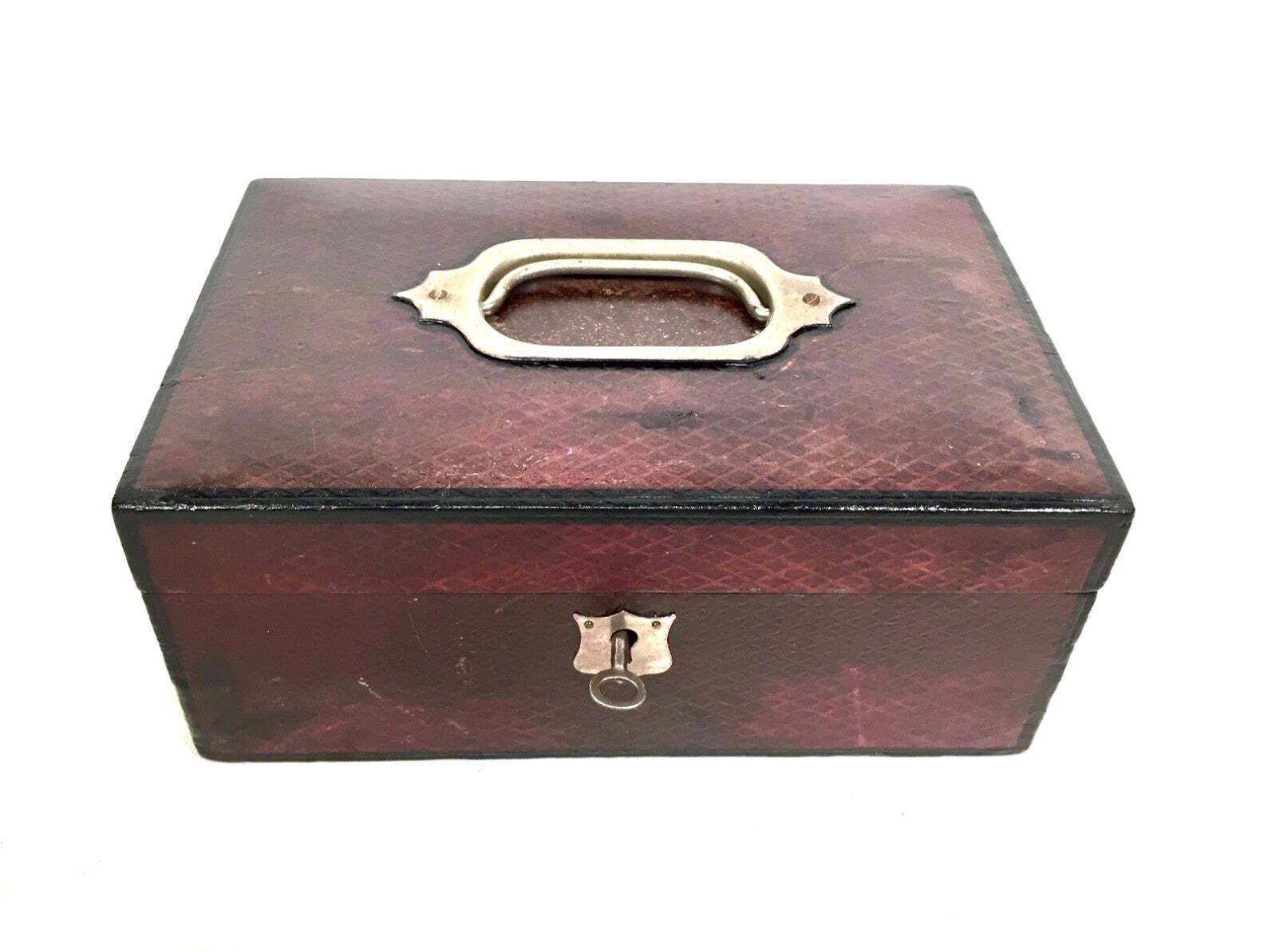 Antique Edwardian Leather Jewellery / Trinket Box With Key & Working Lock C.1910 photo for sale