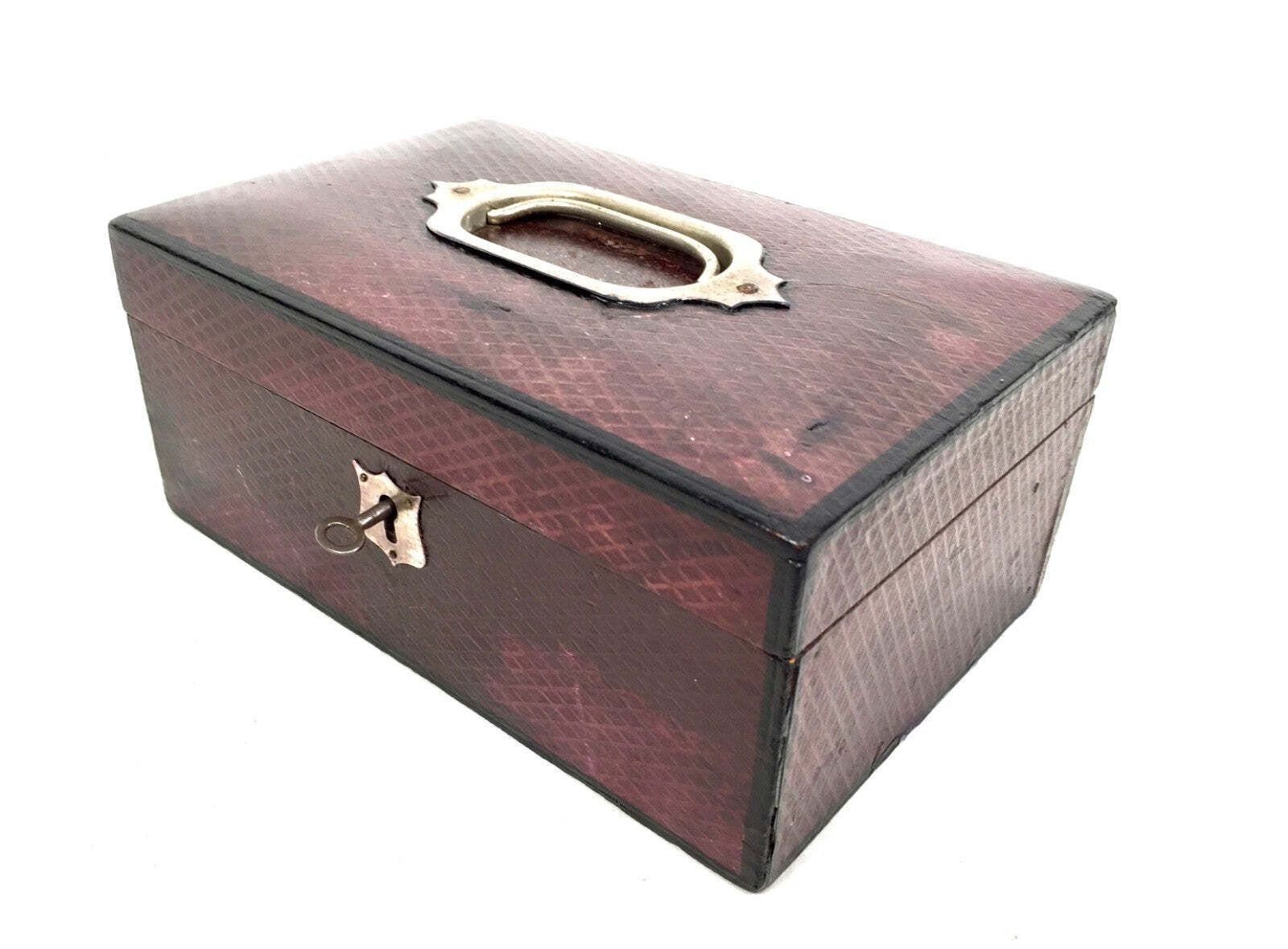 Antique Edwardian Leather Jewellery / Trinket Box With Key & Working Lock C.1910 photo Home Decor