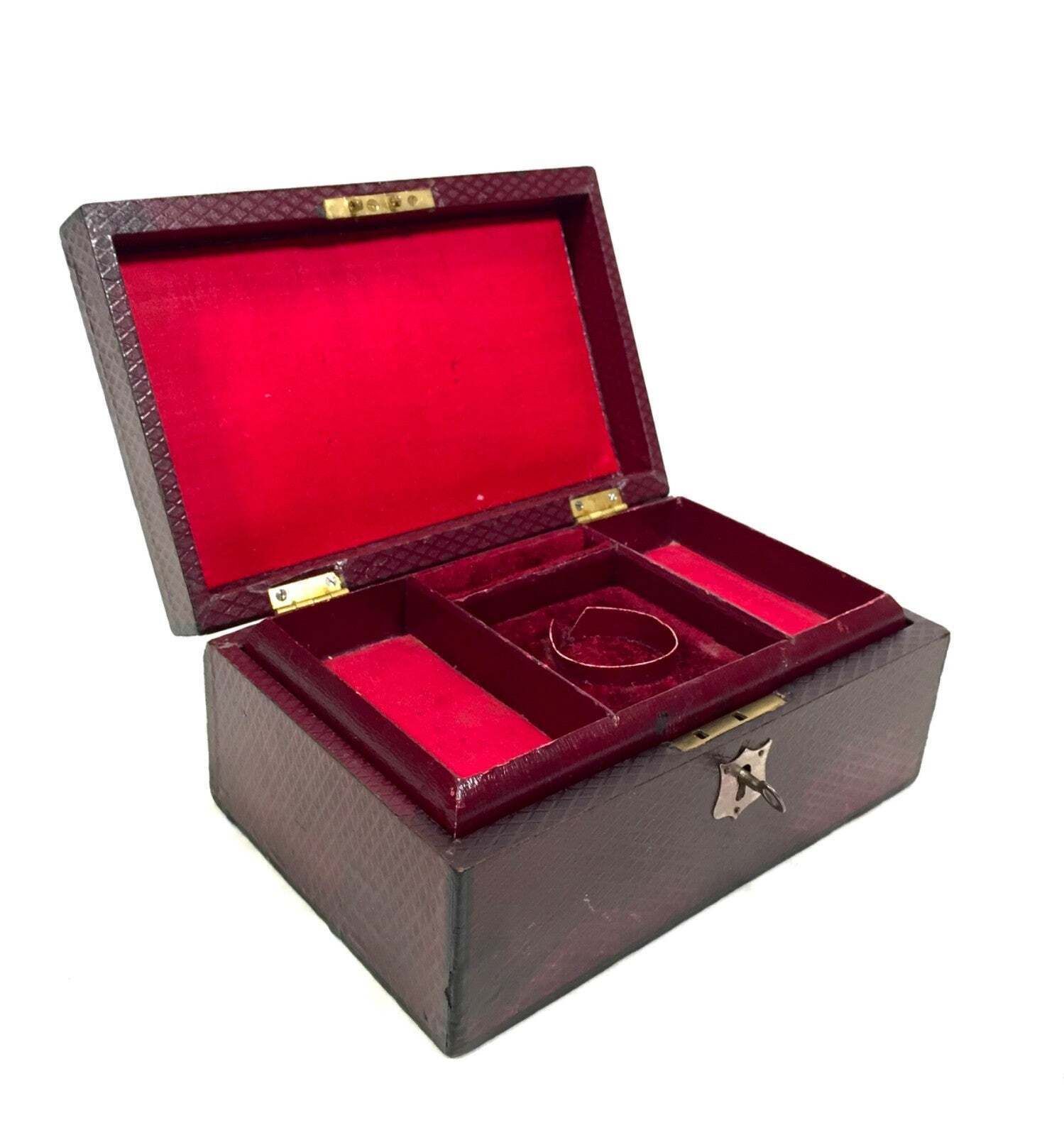photo furniture Antique Edwardian Leather Jewellery / Trinket Box With Key & Working Lock C.1910