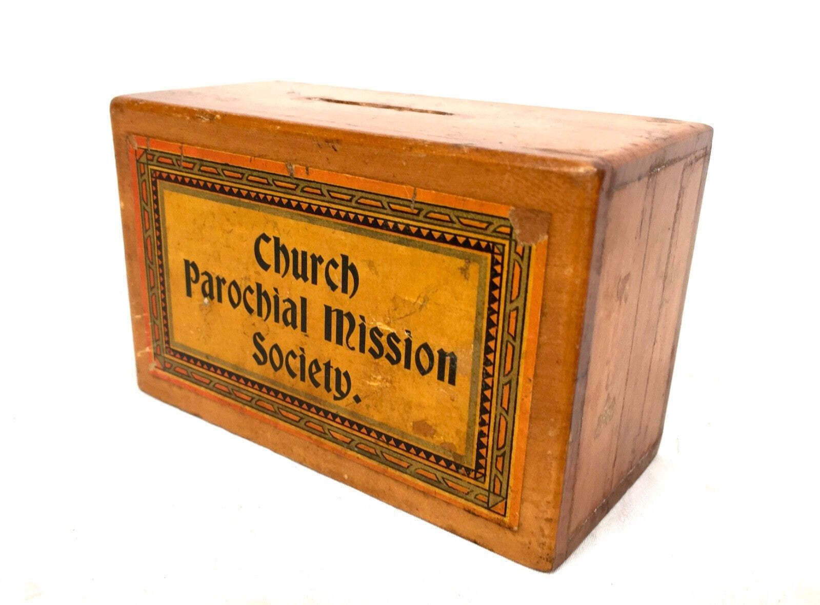 Antique Wooden Church Parochial Mission Box Collection / Offering Box C.1900.