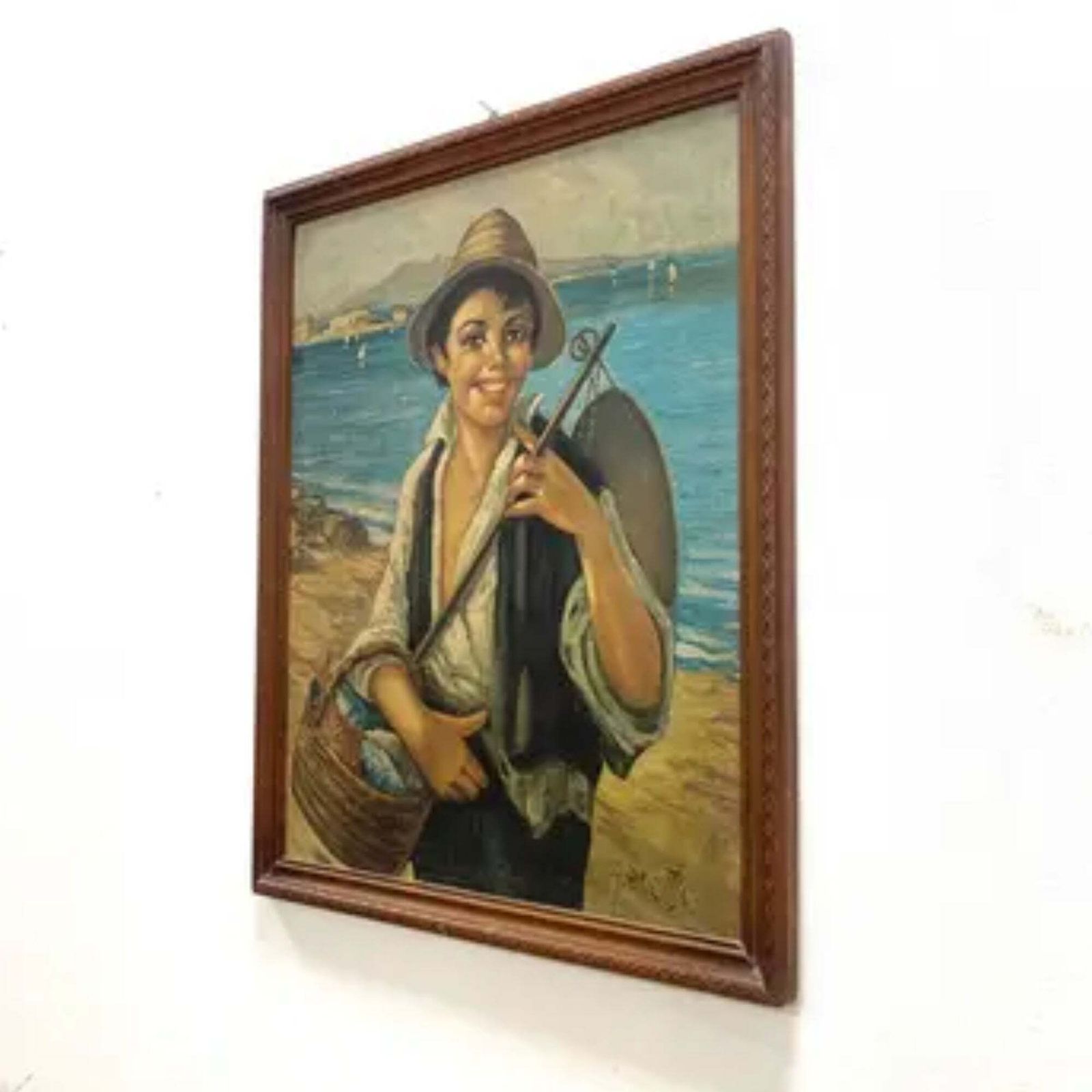Oil Painting, G. De Curtis, Signed Canvas, Young Italian Fisherman, Late 20th Century photo buy