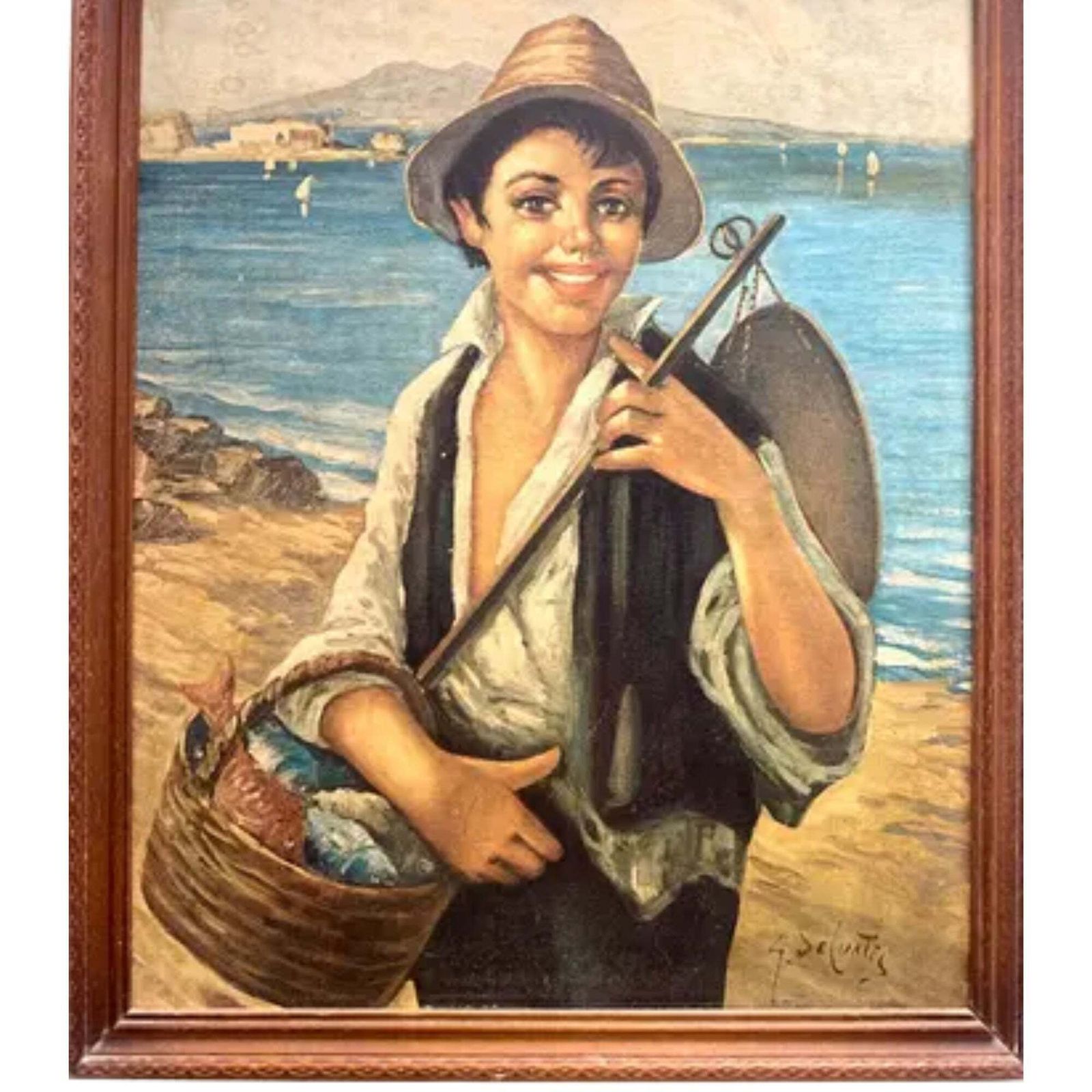 Oil Painting, G. De Curtis, Signed Canvas, Young Italian Fisherman, Late 20th Century photo vintage