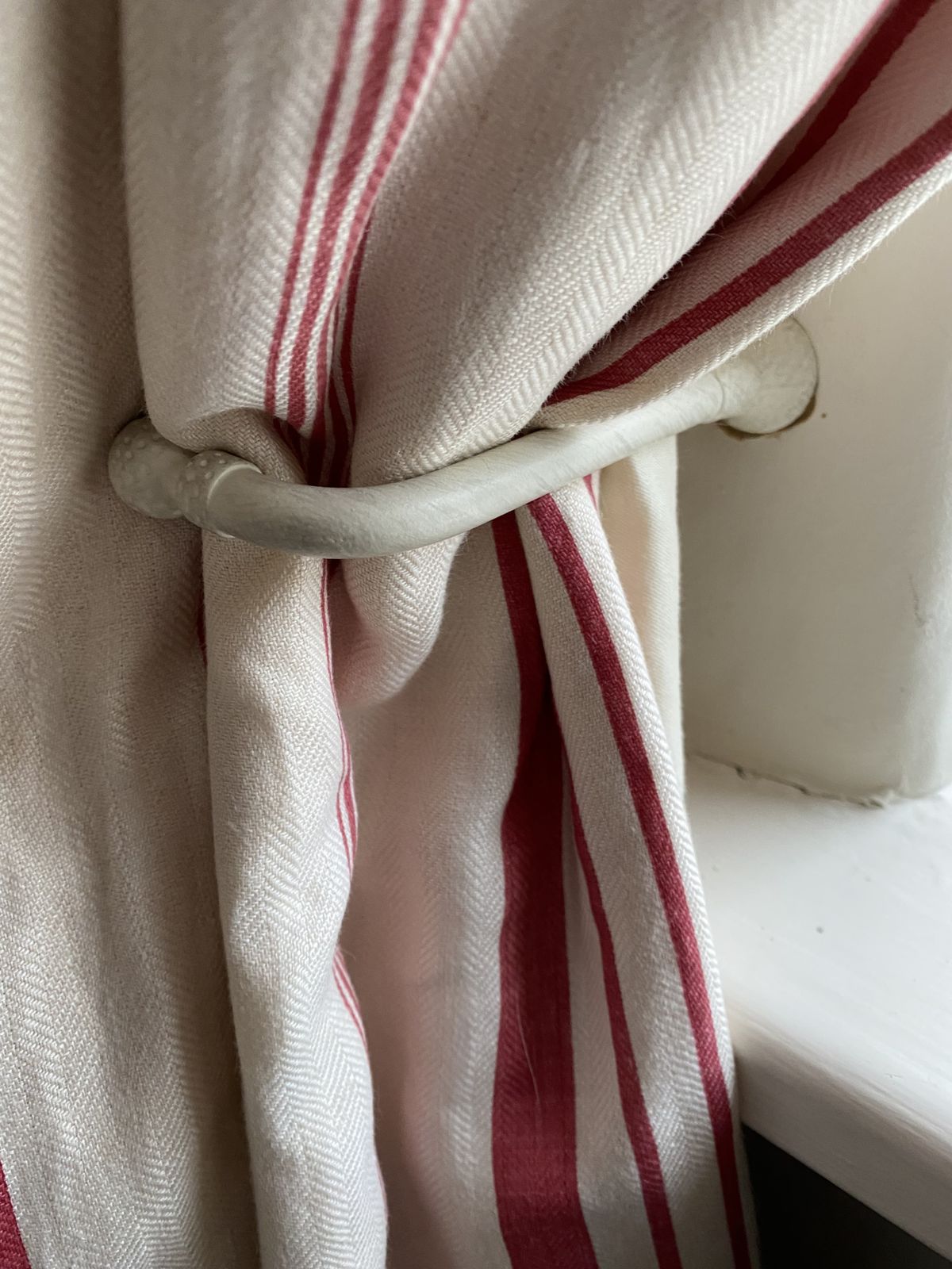 Textiles Kate Forman Red Ticking Pocket Rod Curtains And D Shaped  Cream Metal Pole photo