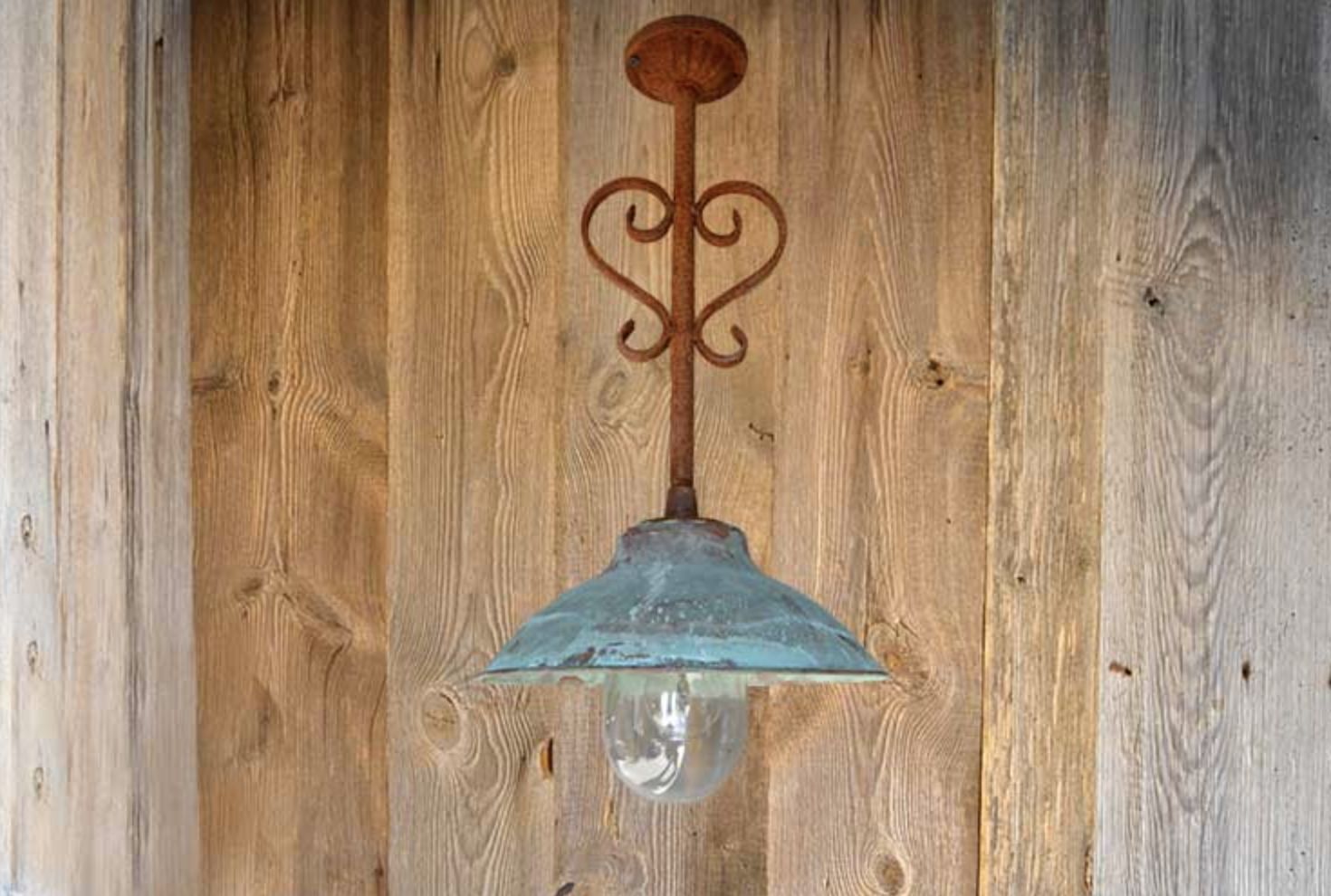Beautiful Handmade "Mona Plus" Belgian Verdigris Swan Neck Lamps. Aged Copper & Enamel Porch Lights, Different Sizes And Glass Domes