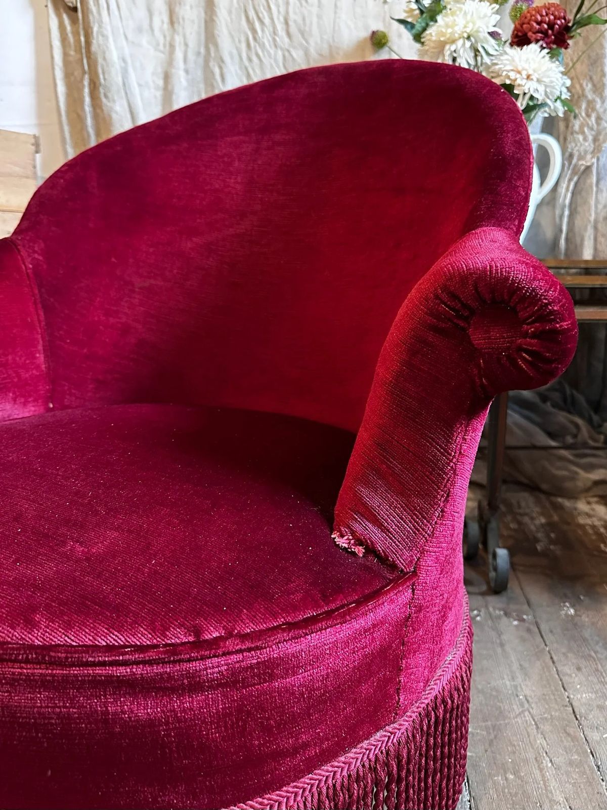 French Velvet Red Tub Chair W/ Tassels, C1920 photo for sale