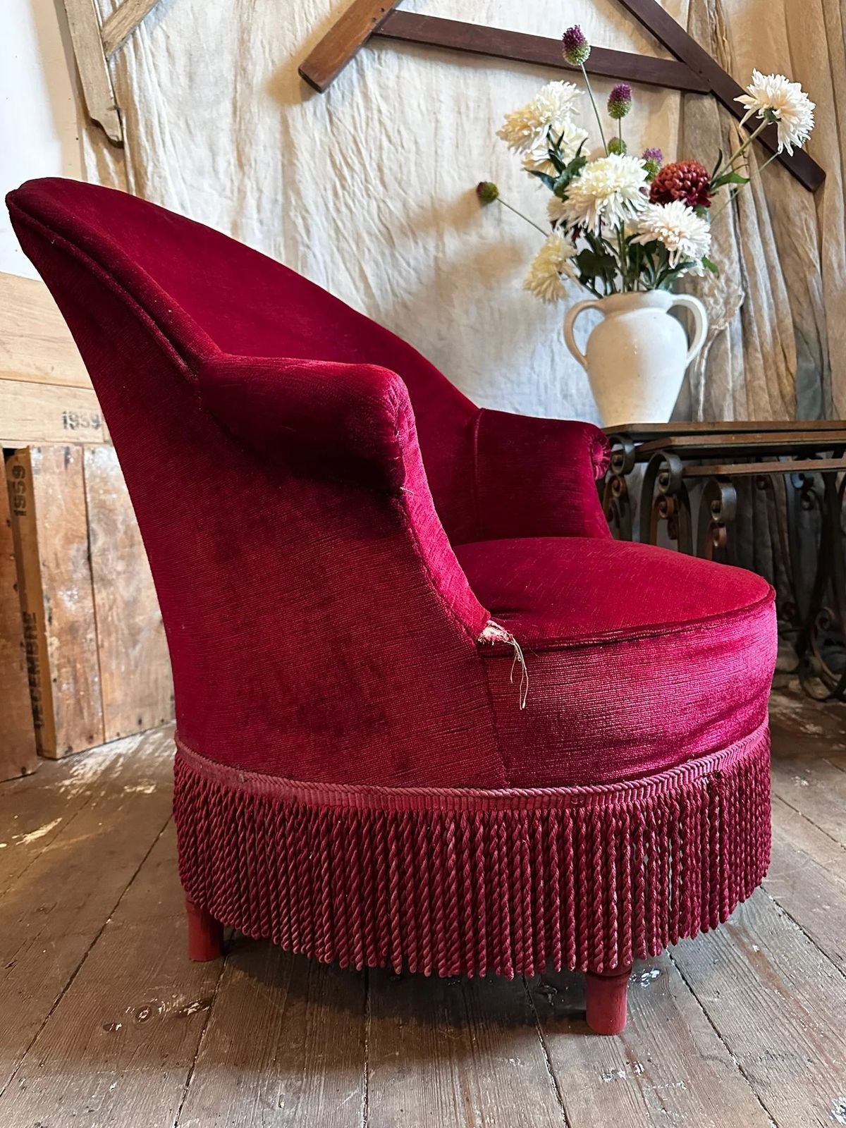 French Velvet Red Tub Chair W/ Tassels, C1920 photo 338.0