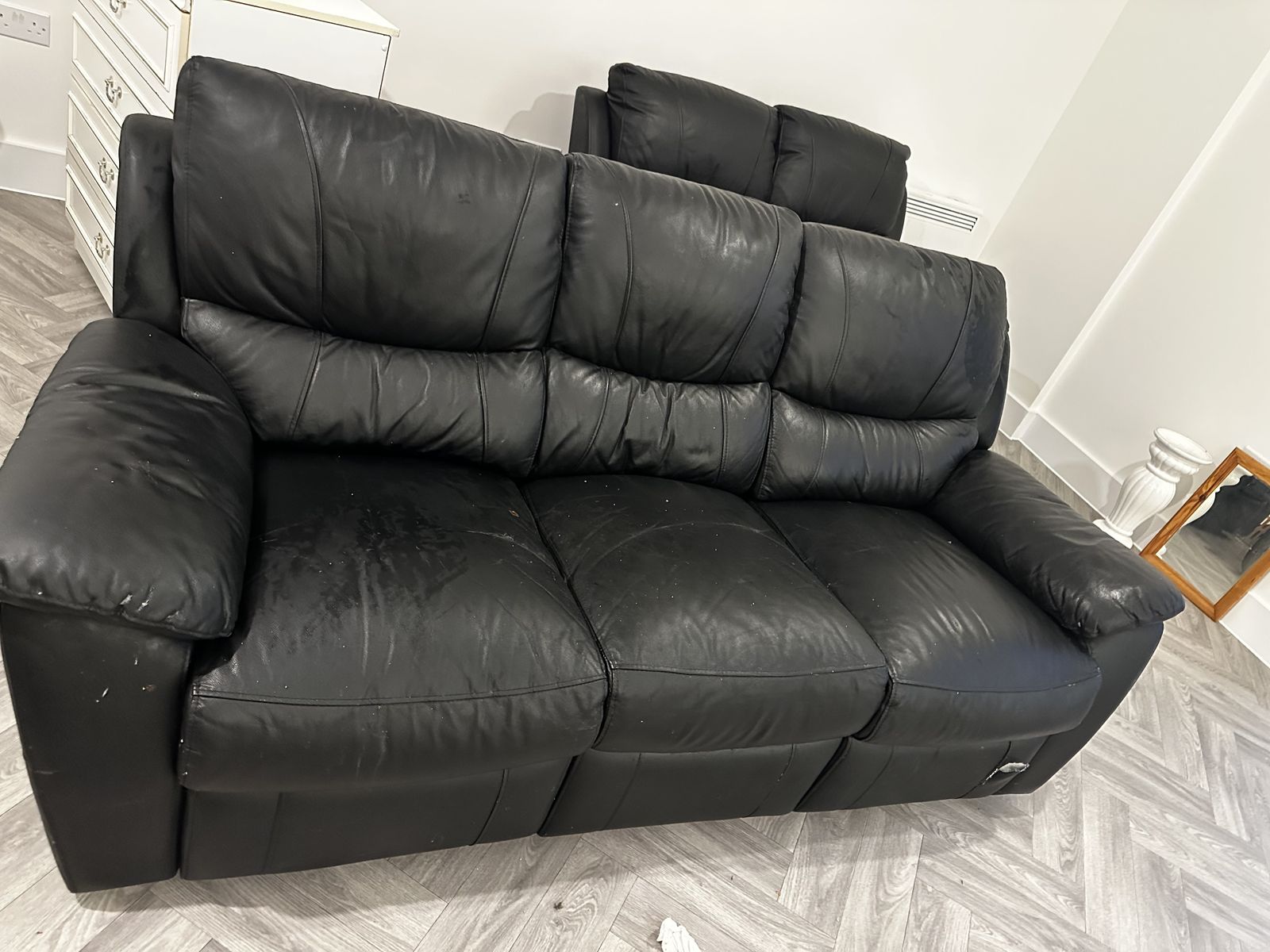 Sold Wood Leather Three And Two Seater Sofa