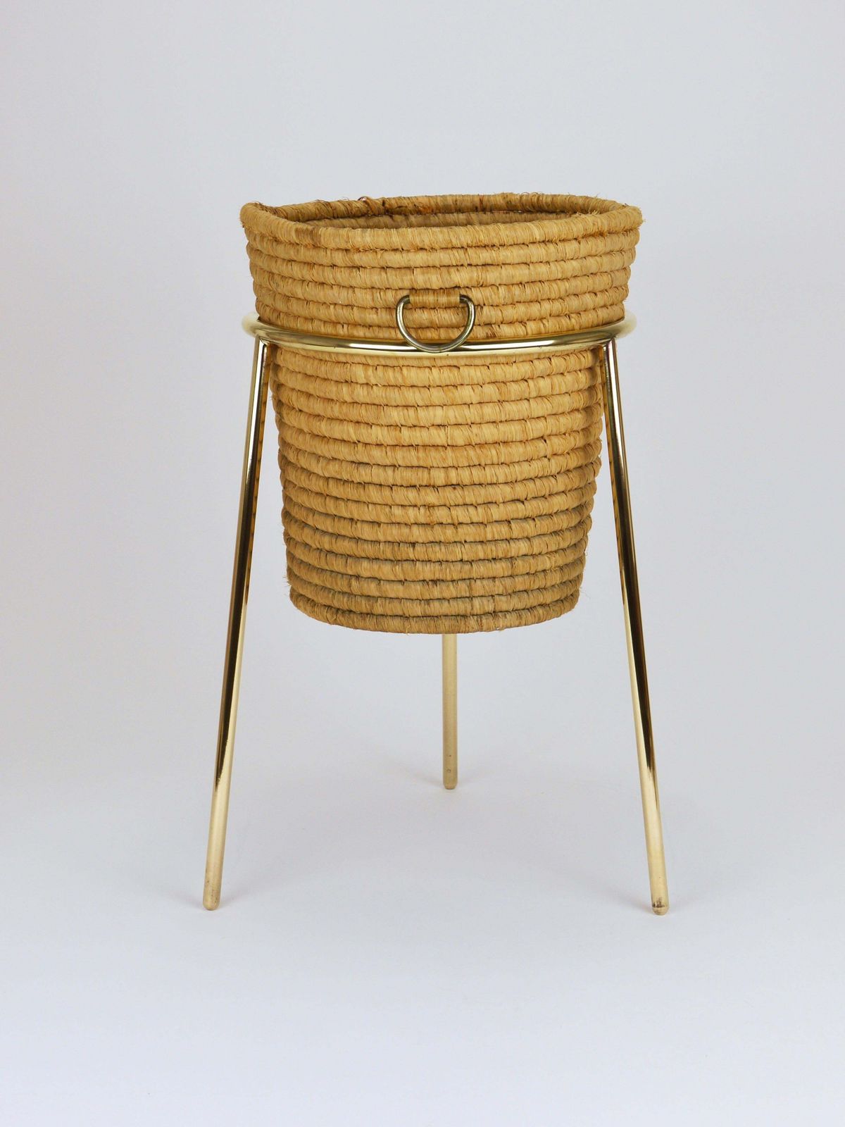 Carl Auböck II Raffia Brass Wastepaper Basket, Paper Bin, Umbrella Stand, 1950s photo buy