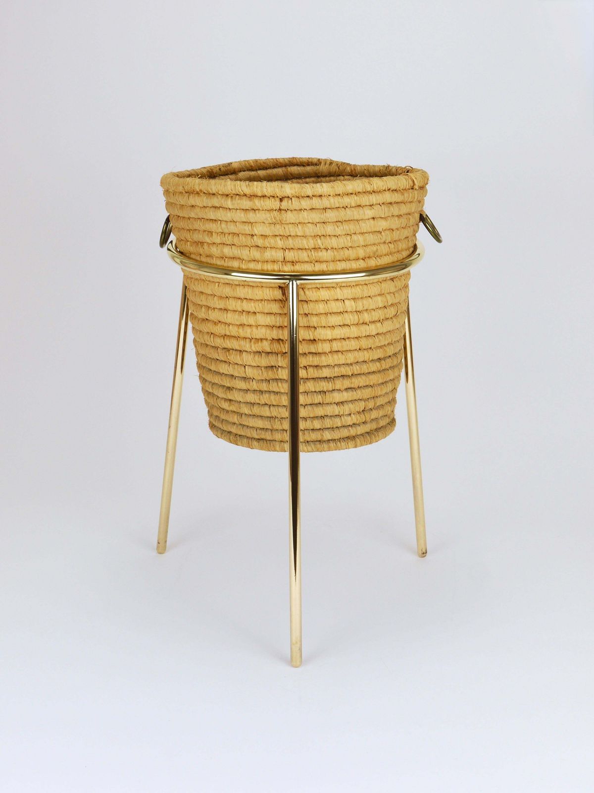 photo furniture Carl Auböck II Raffia Brass Wastepaper Basket, Paper Bin, Umbrella Stand, 1950s