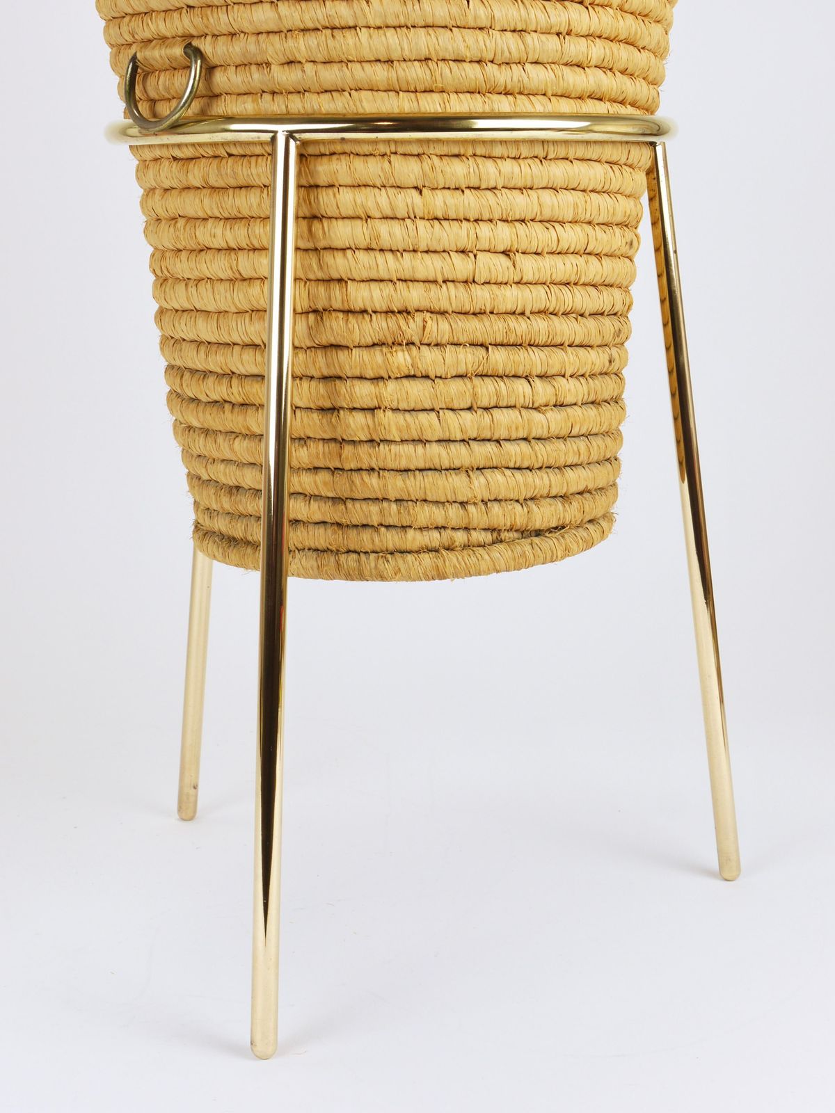 photo for sale Carl Auböck II Raffia Brass Wastepaper Basket, Paper Bin, Umbrella Stand, 1950s