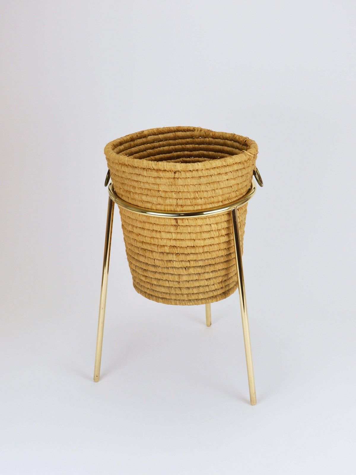Home Decor Carl Auböck II Raffia Brass Wastepaper Basket, Paper Bin, Umbrella Stand, 1950s photo