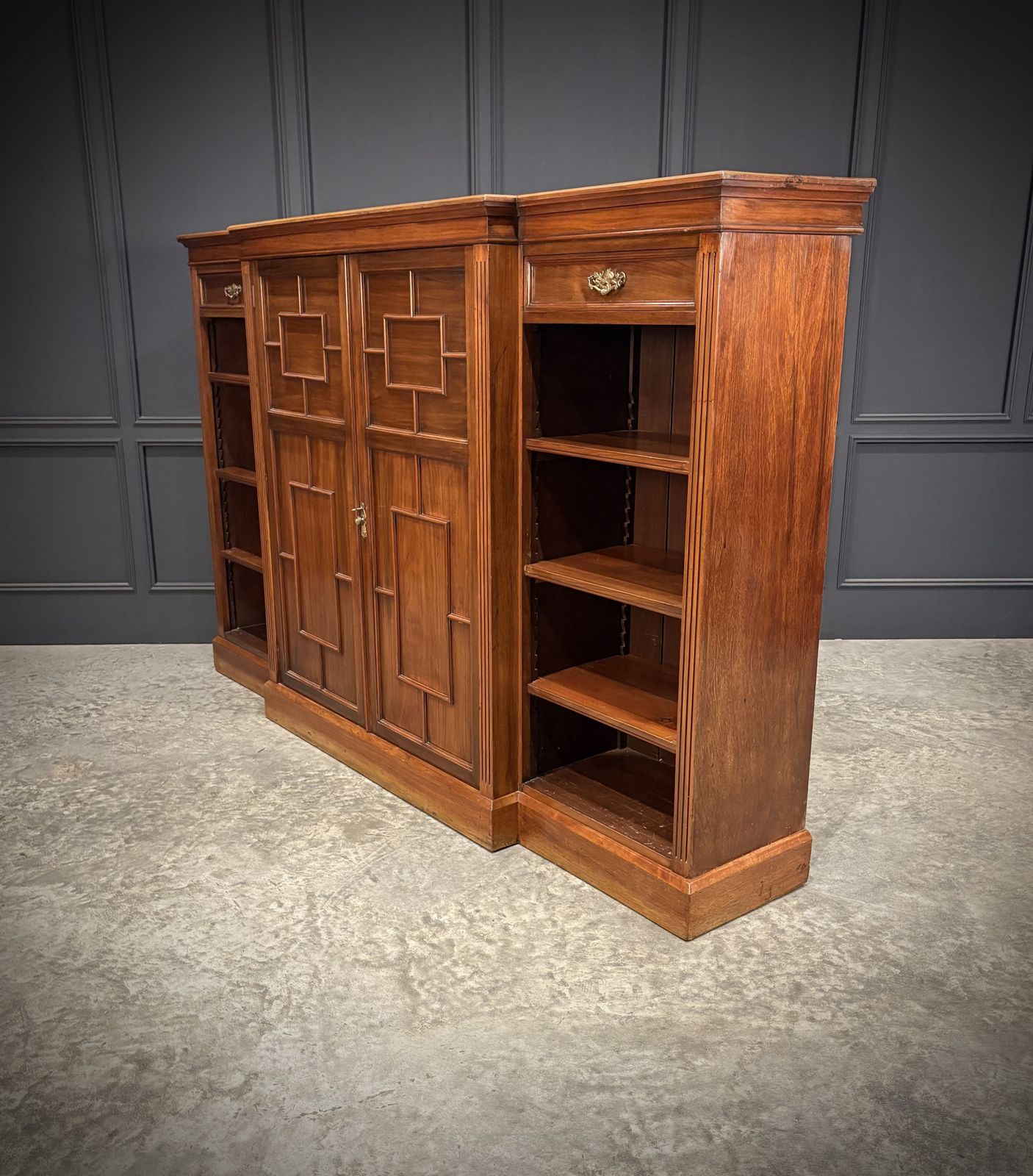 Large Breakfront Walnut Bookcase By Maple & Co.