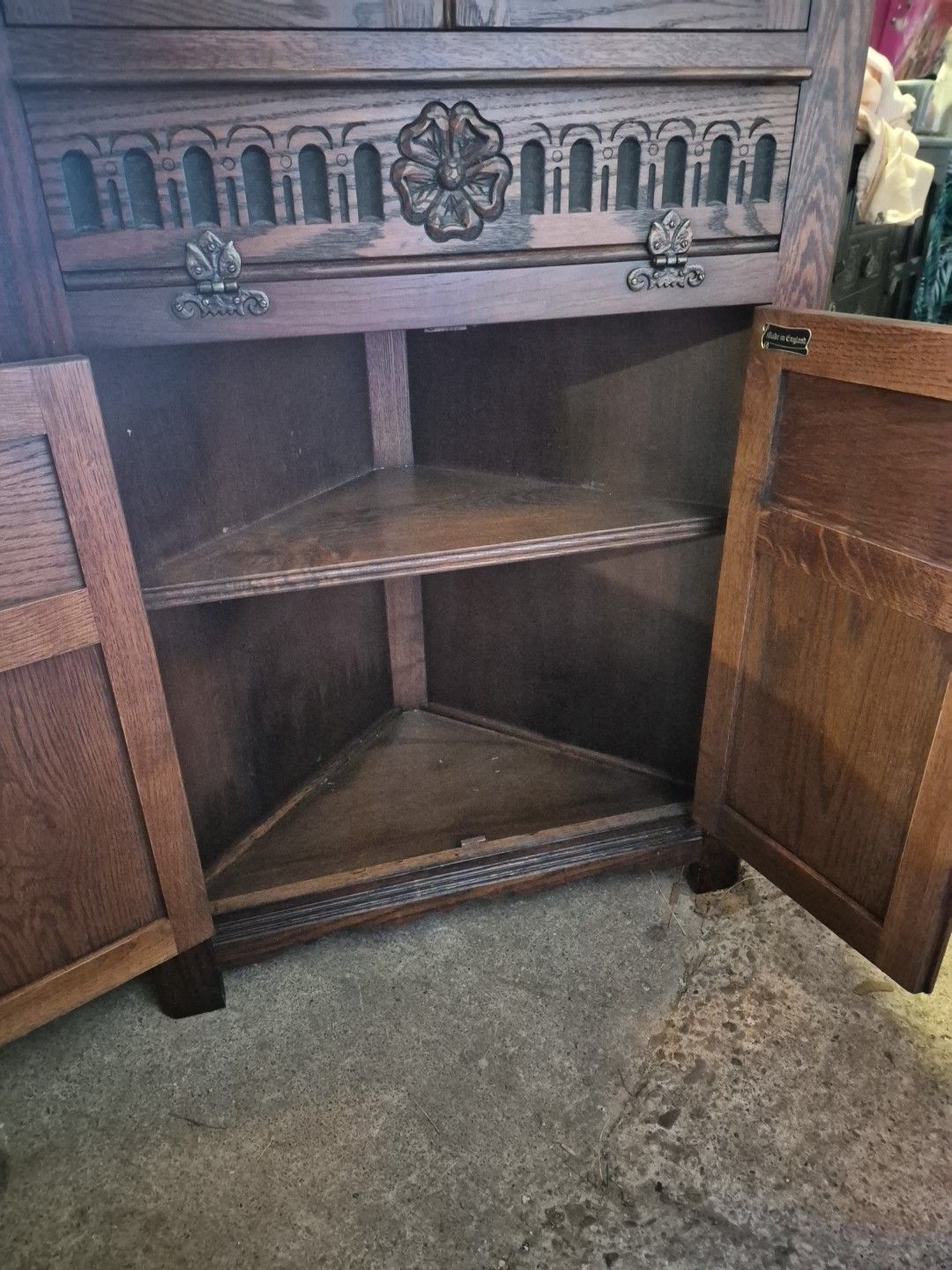 photo furniture Gorgeous Oak Old Charm Corner Cabinet. 2263. Tudor Brown With Light