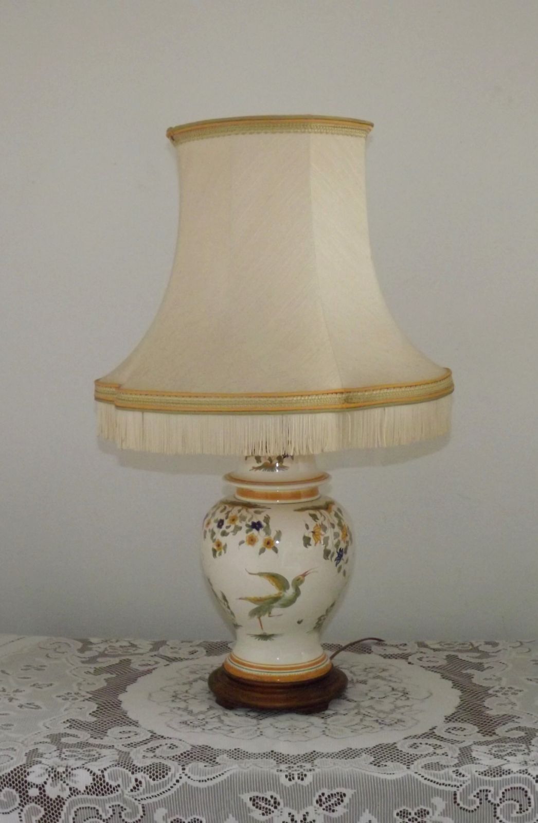 Louis Drimmer Faience Style Table Lamp With Wooden Plinth & Fringed Lined Shade photo Lighting