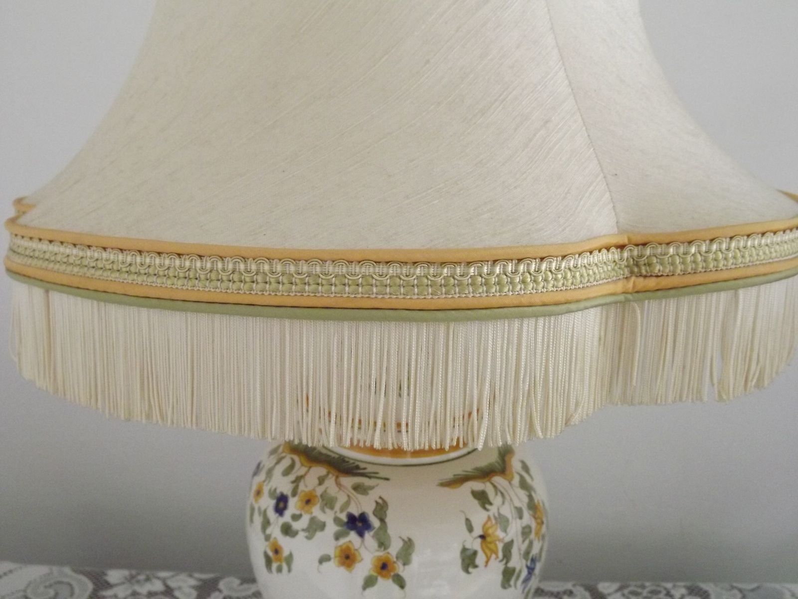 photo buy Louis Drimmer Faience Style Table Lamp With Wooden Plinth & Fringed Lined Shade