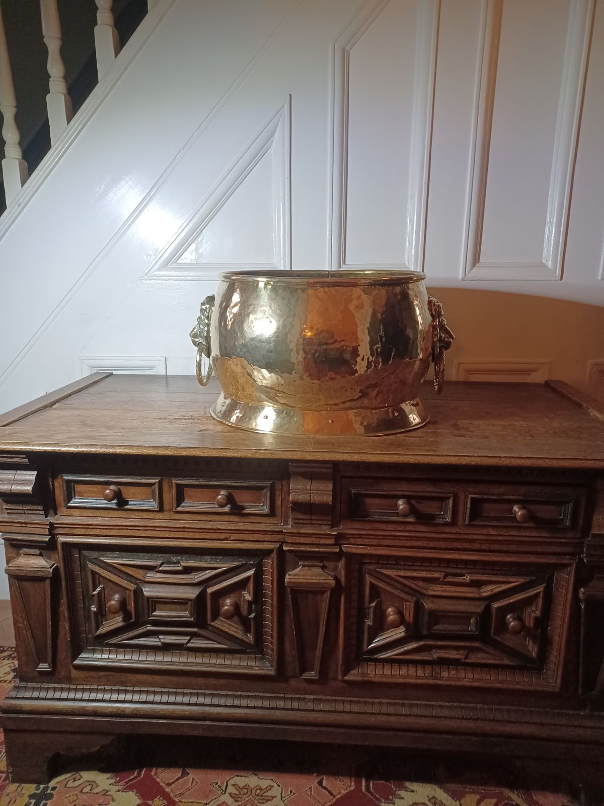 Antique Period Brass & Copper Riveted Wine Cooler / Bucket. Lion Handles photo for sale
