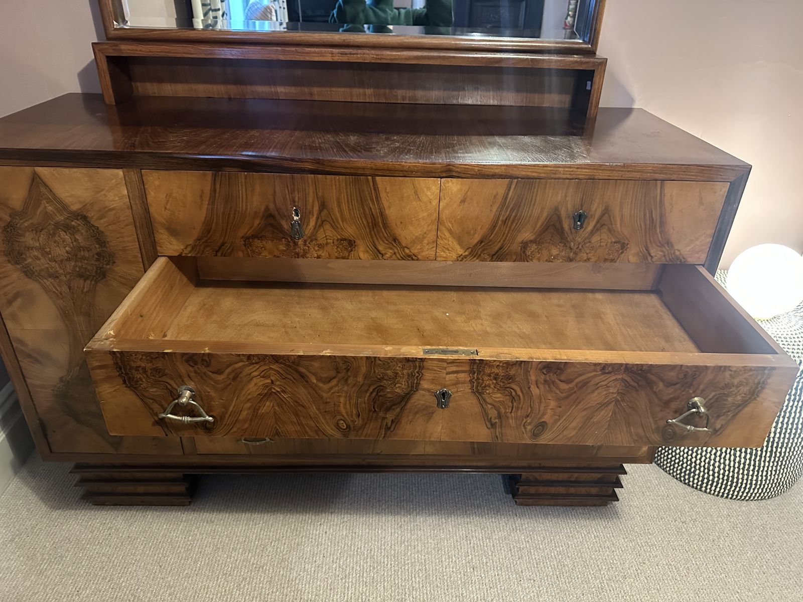 Italian Art Deco Rosewood Drawers & Mirror With Walnut Bookmatch Veneer photo 240.0