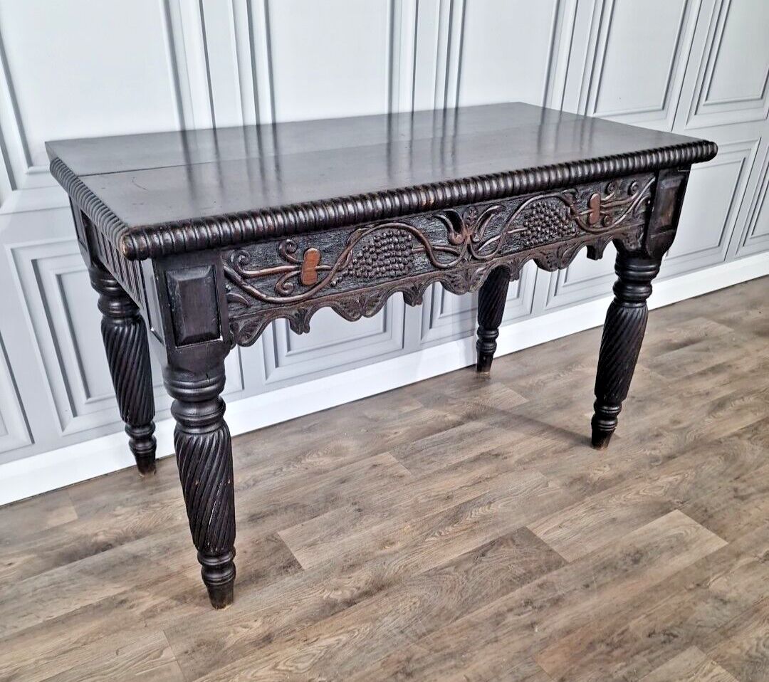 Antique Victorian Table Desk Hand Carved Hall Entry Console Writing Solid Wood