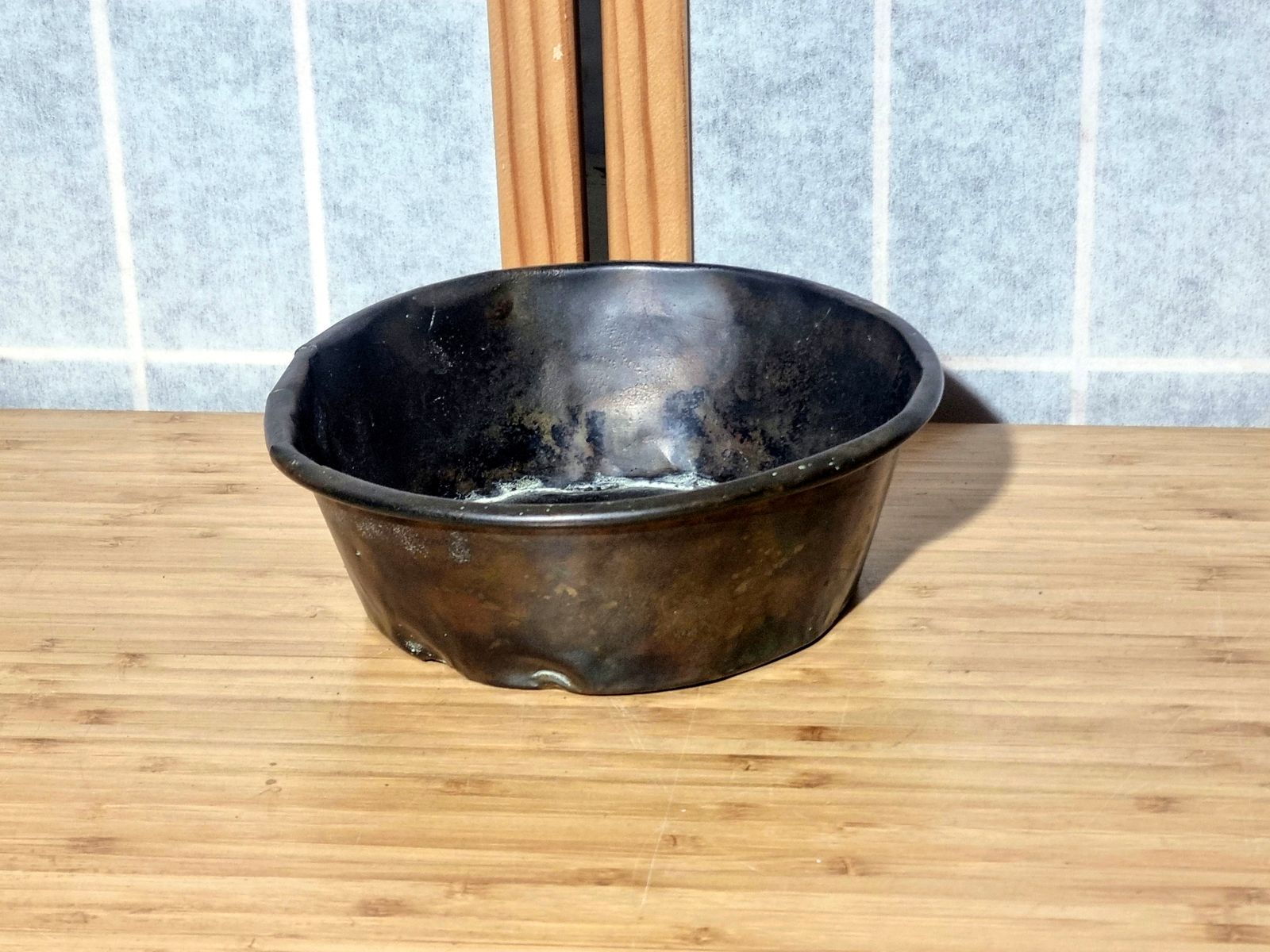 photo furniture Antique Copper Kitchen Bowl, Patina Small Metal Dish, Primitive Farmhouse Decor