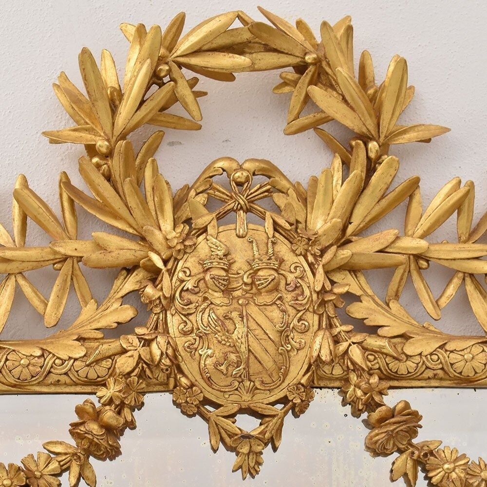 Antique Gold Leaf Wall Mirror Avec Laurel Garland, Carved And Gilded Wood Frame, XIX Century. (Spc193) photo vinterior