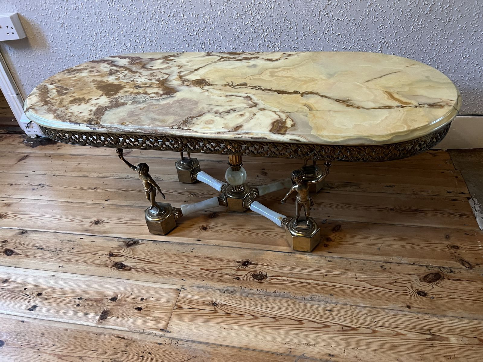Onyx Marble And Brass Coffee Table, 1970 French Vintage Elegance