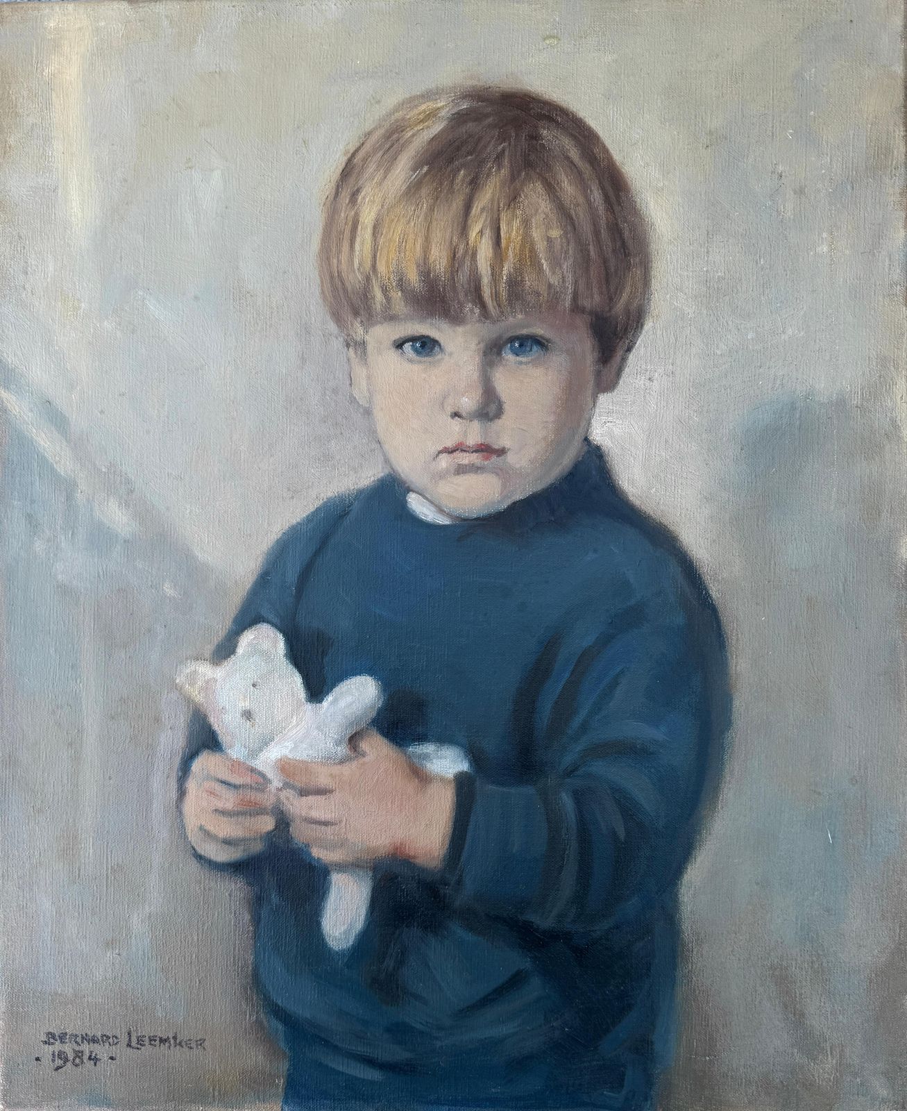 Bernard Leemker Portrait Of A Boy With Teddy Bear Oil On Canvas Painting 1984